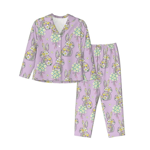 Yiaed Hand drawn bunny Print Pajamas Women's Long Sleeve Sleepwear Soft Button Down Loungewear Pjs Lounge Set Nightwear Womens Pajama Pants-Small