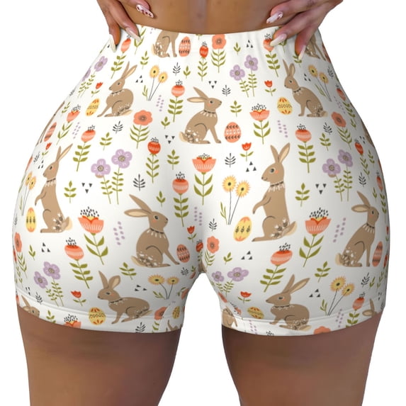 Yiaed Happy Easter Print Women's Athletic Shorts Running Shorts Sporty Short High Waisted Elastic Workout Shorts for Yoga Gym Running & Sports -X-Large