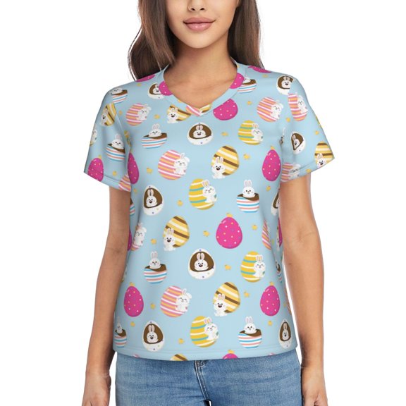 Yiaed Happy Easter Print Women's T Shirt V-Neck Short Sleeve Shirt Casual Breathable Tee Summer Tops-Medium