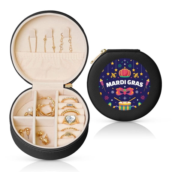 Yiaed Happy Mardi Gras Print Travel Jewelry Case Bridesmaid Gift Boxes Jewelry Travel Organizer Small Round Jewelry Box Mini Storage-Black