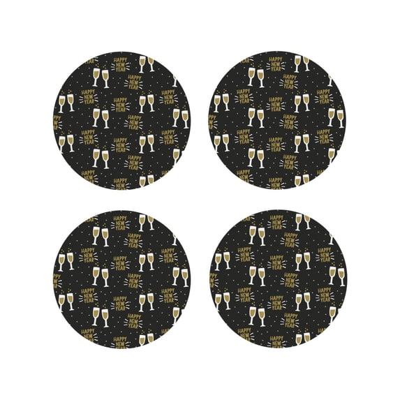Yiaed Happy New Year Print Leather Coasters for Drinks - Cup Coasters Coffee Table Kitchen Table Bar, Home & Office Gifts Handmade Drink Coasters-Round Shape