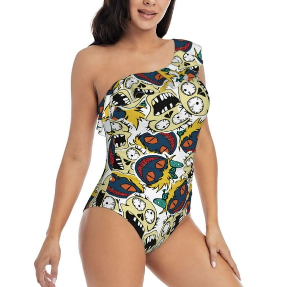 Yiaed Happy Skeleton Print Women One Piece Swimsuits Tummy Control One Shoulder Bathing Suits Pattern Ruffle Swimwear-X-Large