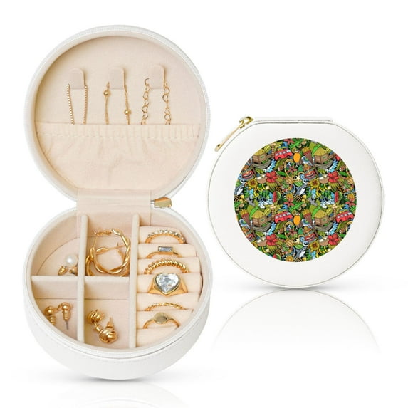 Yiaed Hawaiian Culture Symbols 1 Print Travel Jewelry Case Bridesmaid Gift Boxes Jewelry Travel Organizer Small Round Jewelry Box Mini Storage-White