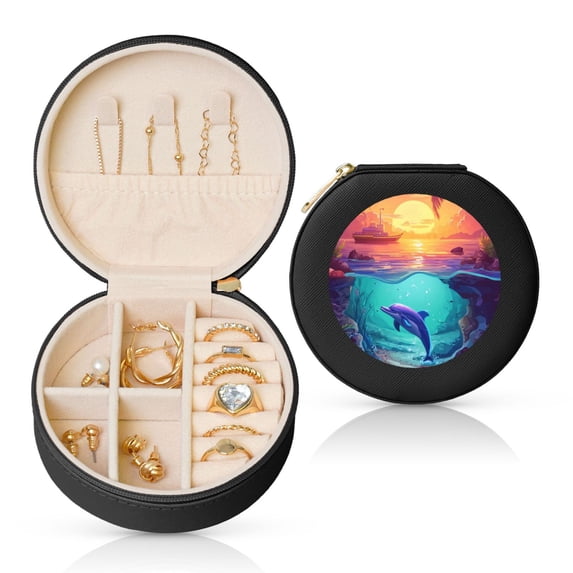 Yiaed Hawaiian Island Dolphin Print Travel Jewelry Case Bridesmaid Gift Boxes Jewelry Travel Organizer Small Round Jewelry Box Mini Storage-Black