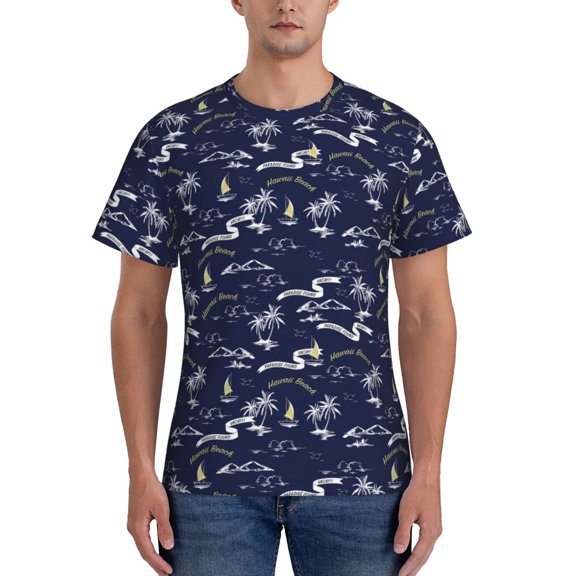 Yiaed Hawaiian Style Print Mens Short Sleeve Tight Fit T-Shirt, Crewneck Casual Tee-Medium
