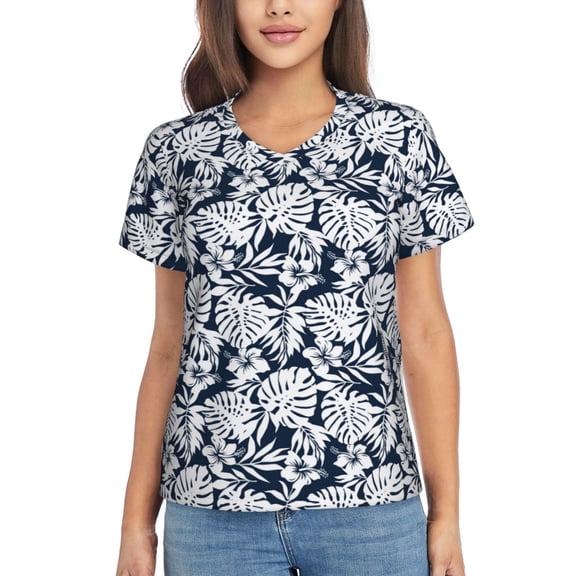 Yiaed Hawaiian Style Print Women's T Shirt V-Neck Short Sleeve Shirt Casual Breathable Tee Summer Tops-Large