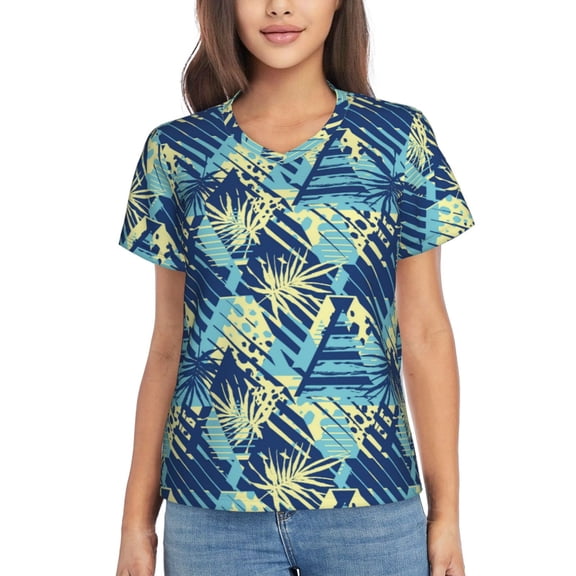 Yiaed Hawaiian Style Print Women's T Shirt V-Neck Short Sleeve Shirt Casual Breathable Tee Summer Tops-Large