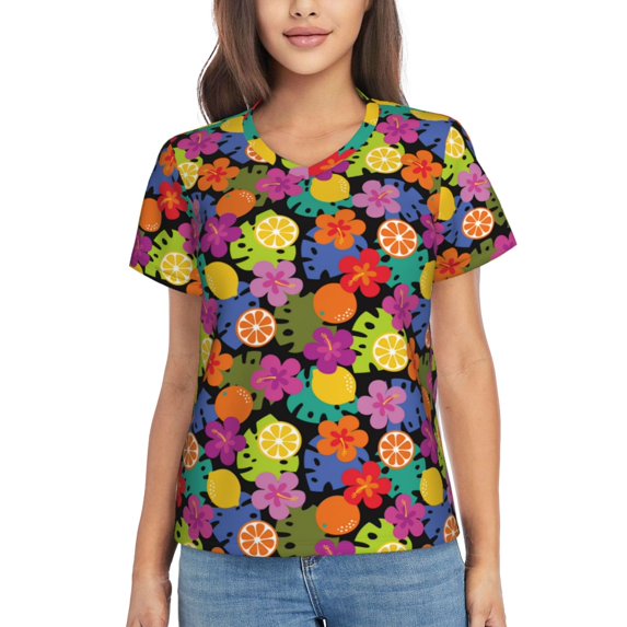 Yiaed Hawaiian Style Print Women's T Shirt V-Neck Short Sleeve Shirt Casual Breathable Tee Summer Tops-XX-Large