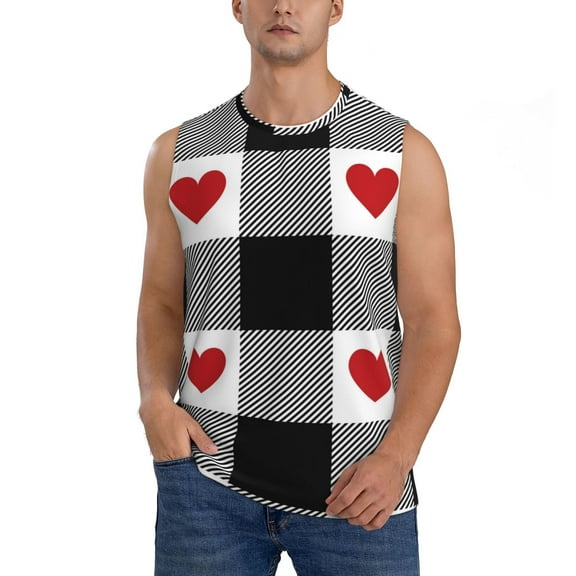 Yiaed Heart Black Buffalo Plaid Gingham Print Men's Singlet Vests Summer Running Muscle Tank Tops Gym Undershirt Round Neck Sleeveless for man