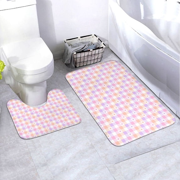Yiaed Heart Buffalo Plaid Print Bathroom Mat Set 2 Pieces Mat Anti-Skid Pad Ultra Soft and Absorbent Bathroom Bath Mat Contour Bath Rugs for Toilet Base