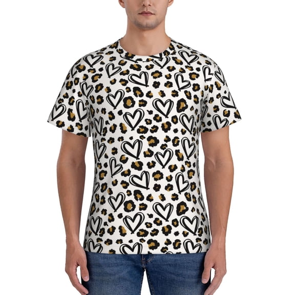Yiaed Heart Leopard Print Mens Short Sleeve Tight Fit T-Shirt, Crewneck Casual Tee-X-Large
