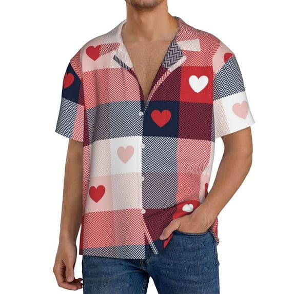 Yiaed Heart Plaid Print Mens Casual Wrinkle Free Shirts Short Sleeve Button Down Summer Stretch Dress Shirt-