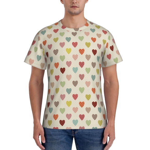 Yiaed Heart Polka Dot Print Mens Short Sleeve Tight Fit T-Shirt, Crewneck Casual Tee-Large