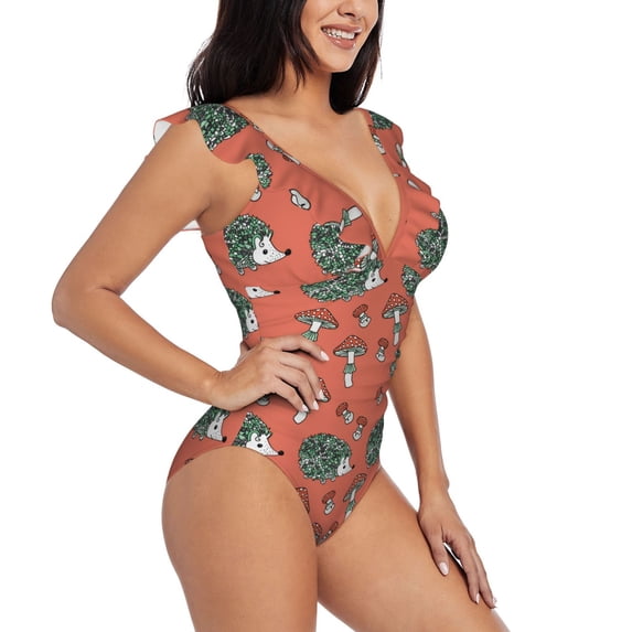 Yiaed Hedgehog Mushroom Print Women's Ruffled One Piece Swimsuit V Neck Swimwear Slimming Monokini for Woman-Large