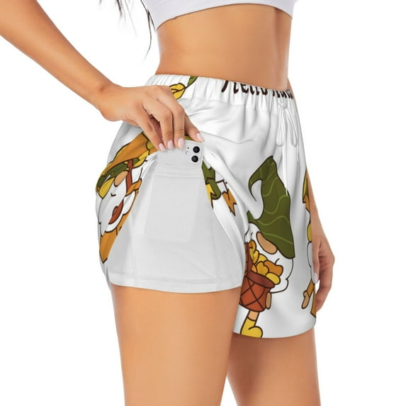 Yiaed Hello Autumn Print Women's Running Shorts with Liner 3 Zipper Pockets Elastic Workout Athletic Gym Yoga Shorts-Small