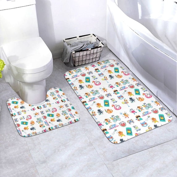 Yiaed Hello Summer Cat Print Bathroom Mat Set 2 Pieces Mat Anti-Skid Pad Ultra Soft and Absorbent Bathroom Bath Mat Contour Bath Rugs for Toilet Base