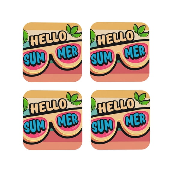 Yiaed Hello Summer Print Leather Coasters for Drinks - Cup Coasters Coffee Table Kitchen Table Bar, Home & Office Gifts Handmade Drink Coasters-Square