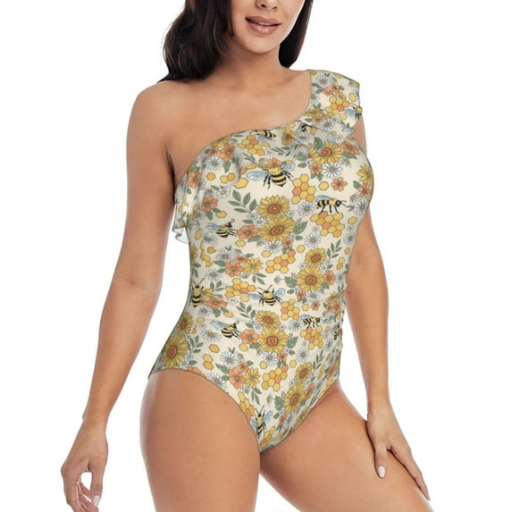 Yiaed Hippie Bee Honeycomb Print Women One Piece Swimsuits Tummy Control One Shoulder Bathing Suits Pattern Ruffle Swimwear-Small