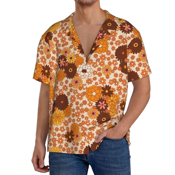 Yiaed Hippie Ditsy Floral Print Mens Casual Wrinkle Free Shirts Short Sleeve Button Down Summer Stretch Dress Shirt-Large