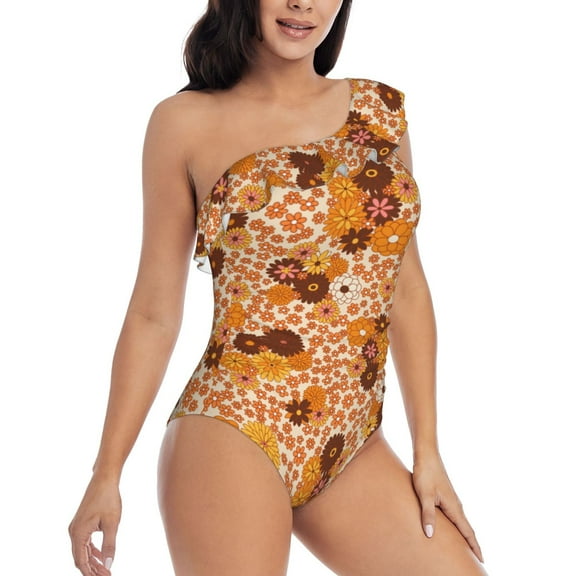Yiaed Hippie Ditsy Floral Print Women One Piece Swimsuits Tummy Control One Shoulder Bathing Suits Pattern Ruffle Swimwear-Large