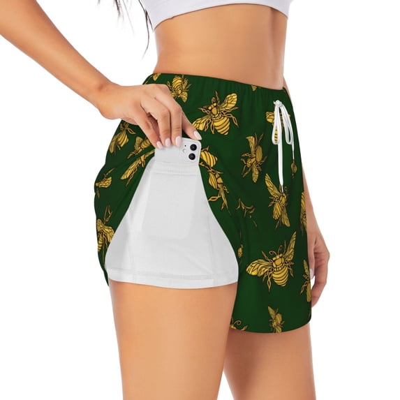 Yiaed Hohey Bee Print Women's Running Shorts with Liner 3 Zipper Pockets Elastic Workout Athletic Gym Yoga Shorts-X-Large