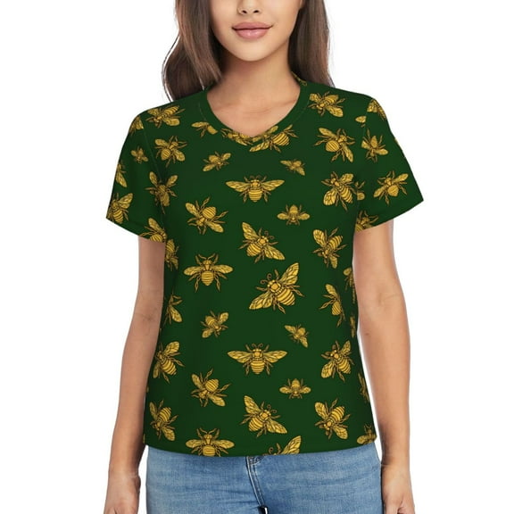 Yiaed Hohey Bee Print Women's T Shirt V-Neck Short Sleeve Shirt Casual Breathable Tee Summer Tops-Small