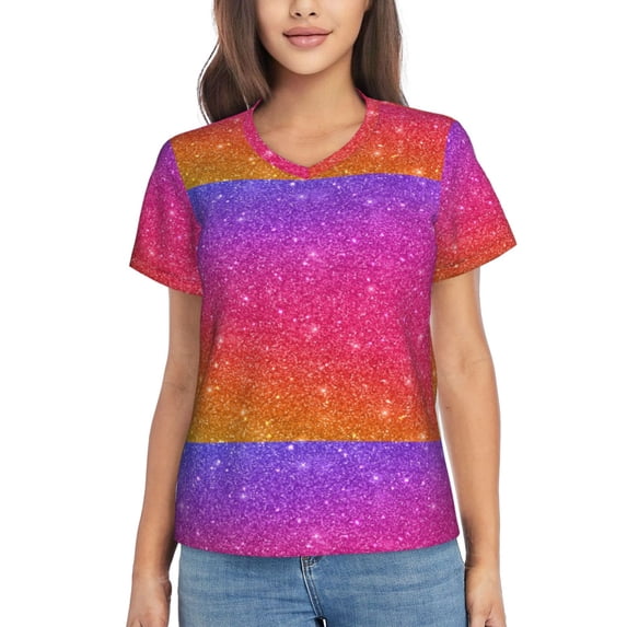 Yiaed Holiday Shiny Print Women's T Shirt V-Neck Short Sleeve Shirt Casual Breathable Tee Summer Tops-3X-Large