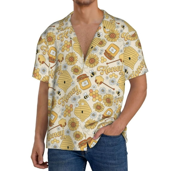 Yiaed Honey Honeycomb Print Mens Casual Wrinkle Free Shirts Short Sleeve Button Down Summer Stretch Dress Shirt-3X-Large