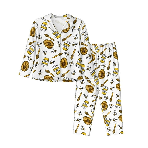 Yiaed Honey Print Pajamas Women's Long Sleeve Sleepwear Soft Button Down Loungewear Pjs Lounge Set Nightwear Womens Pajama Pants-Medium