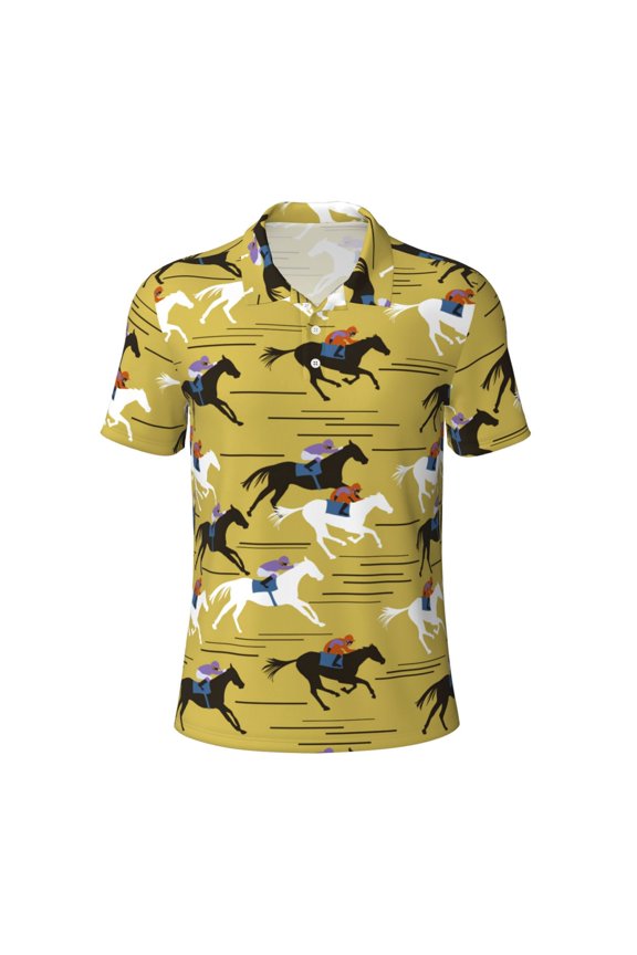 Horsemen In HorseracesPrint Men's Short Sleeve Polo Shirt,Golf Polo for Men Three-Button Golf Shirt Athletic Casual Collared T-Shirt- 3X-Large