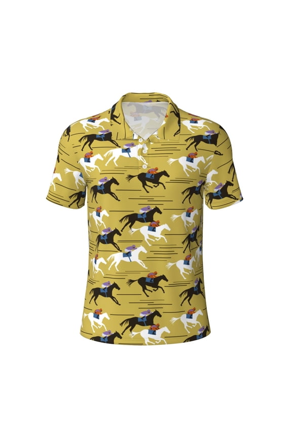 Horsemen In HorseracesPrint Men's Short Sleeve Polo Shirt,Golf Polo for Men Three-Button Golf Shirt Athletic Casual Collared T-Shirt- X-Large