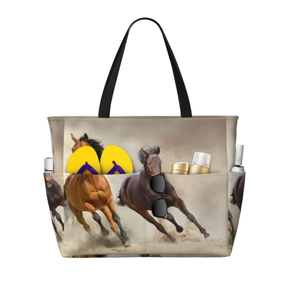 Yiaed Horses free run on desert Print Large Capacity Beach Travel Bag - Waterproof Zipper Vacation Tote for Sandproof Storage, and Camping