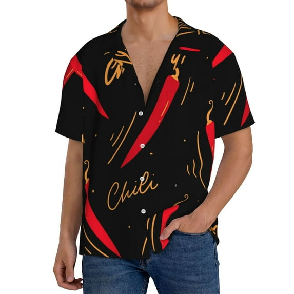 Yiaed Hot Chili Print Mens Casual Wrinkle Free Shirts Short Sleeve Button Down Summer Stretch Dress Shirt-XX-Large