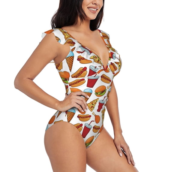 Yiaed Hot Dog Burger Print Women's Ruffled One Piece Swimsuit V Neck Swimwear Slimming Monokini for Woman-X-Large