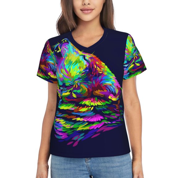 Yiaed Howling Wolf Print Women's T Shirt V-Neck Short Sleeve Shirt Casual Breathable Tee Summer Tops-Small