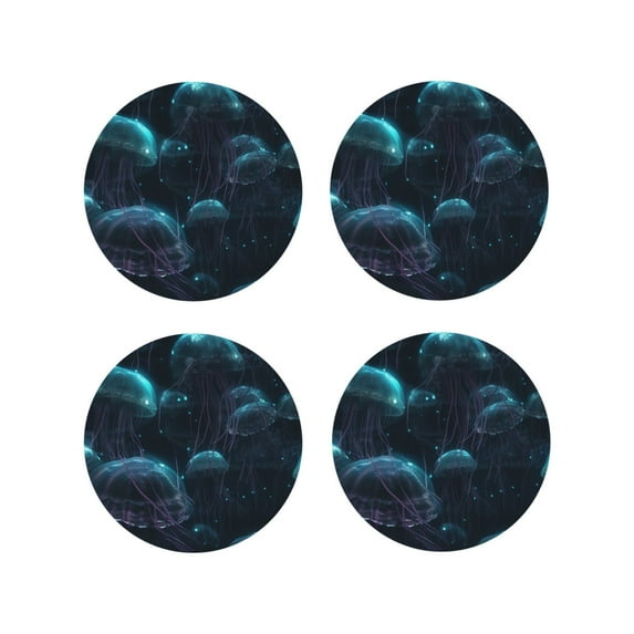 Yiaed Ice blue light spot jellyfish Print Leather Coasters for Drinks - Cup Coasters Coffee Table Kitchen Table Bar, Home & Office Gifts Handmade Drink Coasters-Round Shape