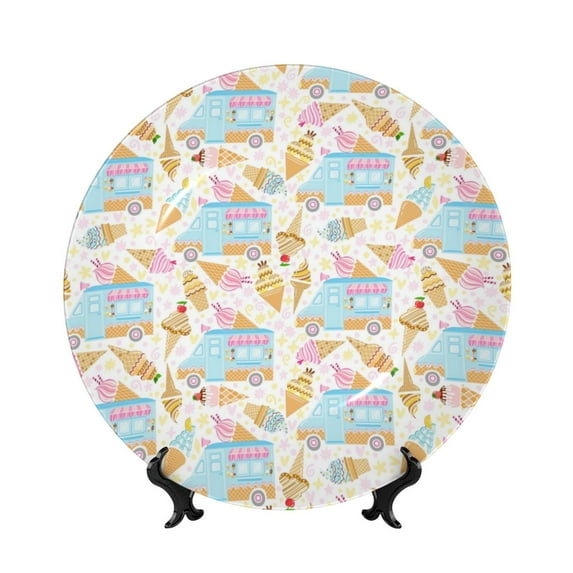 Yiaed Icecream Truck Print Bone China Decorative Plate Ceramic Dinner Plates Art Crafts with Display Stand-10in