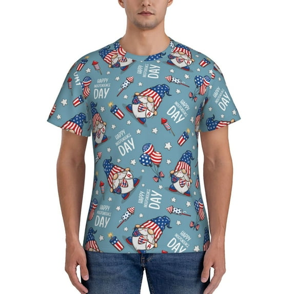 Yiaed Independence With Gnome Print Mens Short Sleeve Tight Fit T-Shirt, Crewneck Casual Tee-Large
