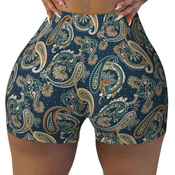 Yiaed Indian Paisley 2 Print Women's Athletic Shorts Running Shorts Sporty Short High Waisted Elastic Workout Shorts for Yoga Gym Running & Sports -XX-Large