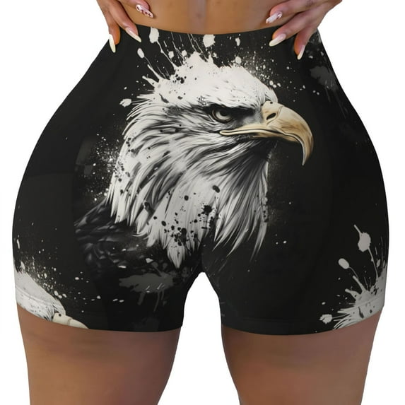 Yiaed Ink Style Bald Eagle Print Women's Athletic Shorts Running Shorts Sporty Short High Waisted Elastic Workout Shorts for Yoga Gym Running & Sports -Small