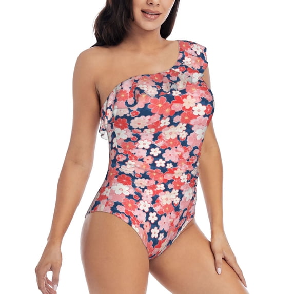 Yiaed Japanese Cherry Blossoms Print Women One Piece Swimsuits Tummy Control One Shoulder Bathing Suits Pattern Ruffle Swimwear-Large