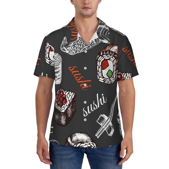 Yiaed Japanese Sushi Hashi Print Hawaiian Shirt for Men Short Sleeve Button Down Shirts Beach Shirts for Men-Medium
