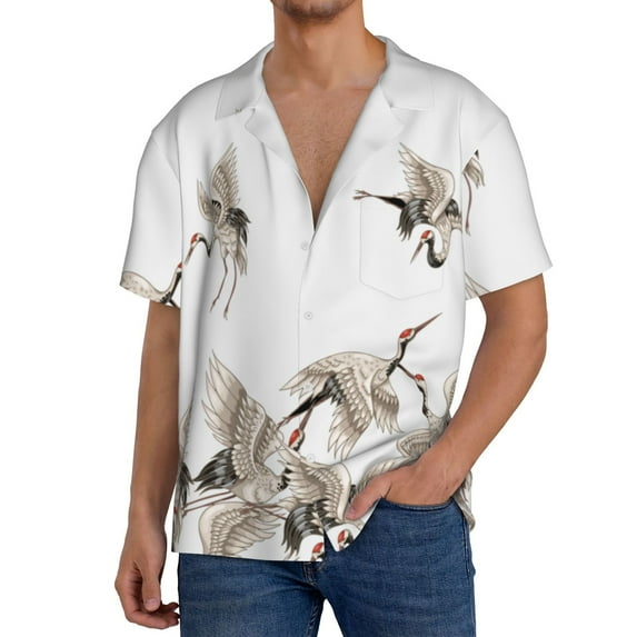 Yiaed Japanese White Cranes Print Mens Casual Wrinkle Free Shirts Short Sleeve Button Down Summer Stretch Dress Shirt-3X-Large