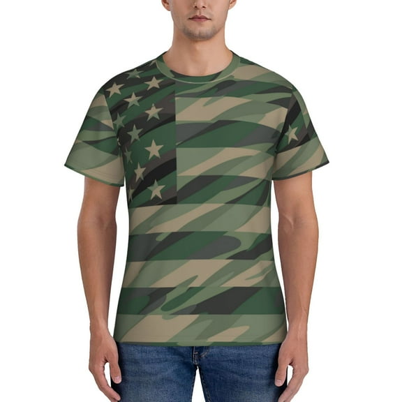 Yiaed Jungle Green Camo USA Flag Print Mens Short Sleeve Tight Fit T-Shirt, Crewneck Casual Tee-Small