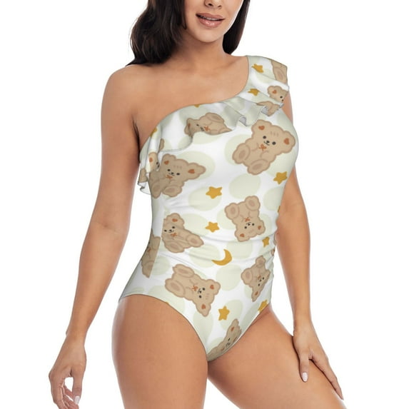 Yiaed Kawaii Bear Print Women One Piece Swimsuits Tummy Control One Shoulder Bathing Suits Pattern Ruffle Swimwear-Small