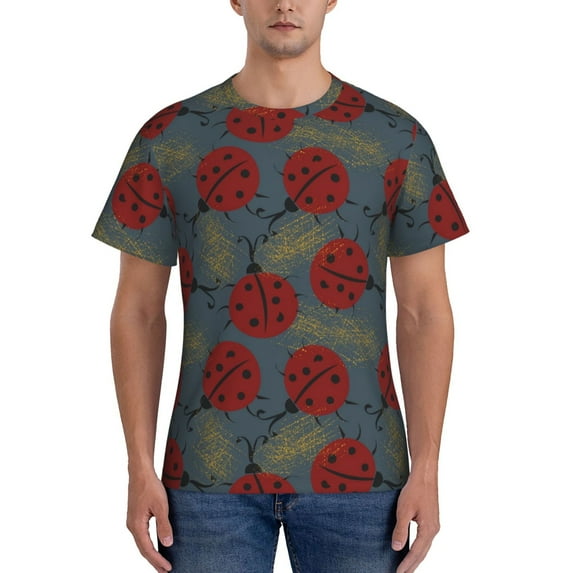 Yiaed Ladybug Print Mens Short Sleeve Tight Fit T-Shirt, Crewneck Casual Tee-Small