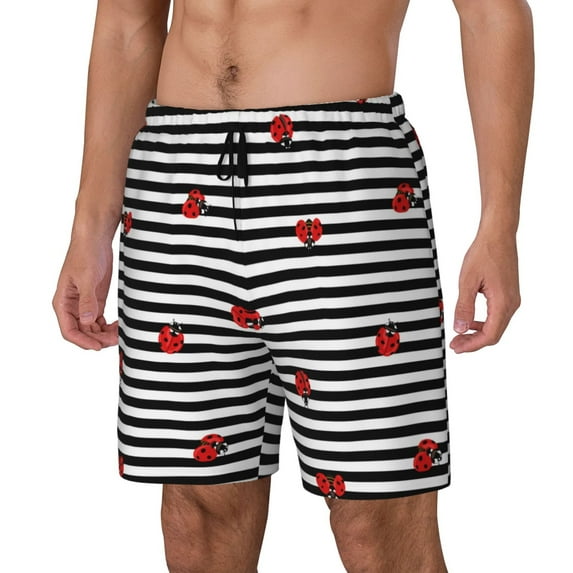 Yiaed Ladybugs on Black and White Striped Print Mens Swim Trunks Bathing Suit Compression Liner Beach Swim Shorts Swimwear Quick Dry Zipper Pocket No-Chafing Board Short-3X-Large