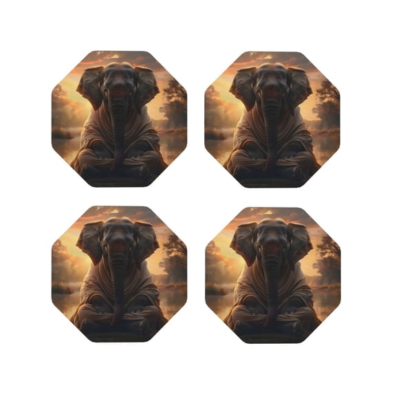 Yiaed Lake Meditating Elephant Print Leather Coasters for Drinks - Cup Coasters Coffee Table Kitchen Table Bar, Home & Office Gifts Handmade Drink Coasters-Octagon