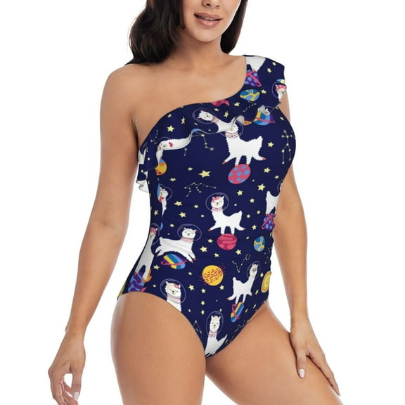 Yiaed Lama in Space Print Women One Piece Swimsuits Tummy Control One Shoulder Bathing Suits Pattern Ruffle Swimwear-Small