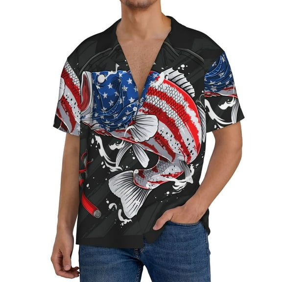 Yiaed Largemouth Bass Fish in USA Print Mens Casual Wrinkle Free Shirts Short Sleeve Button Down Summer Stretch Dress Shirt-X-Large